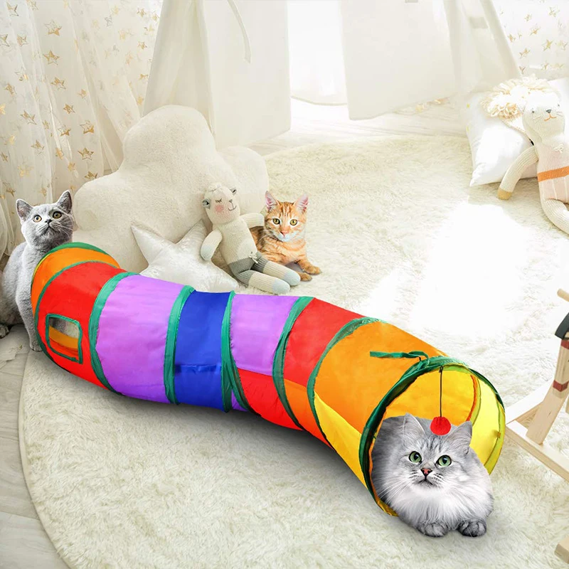 S-shaped T-shaped Rainbow Splicing Pet Cat Tunnel Household Toy Foldable Polyester Cloth Cat Channel Roller Dragon Pet Toy