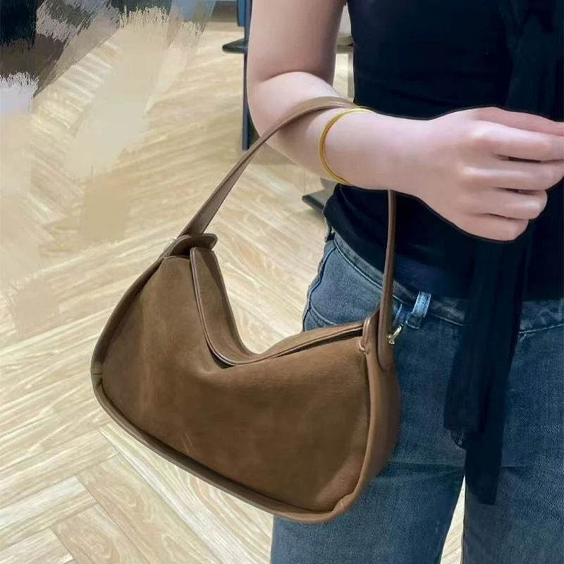 

New High-quality Genuine Leather Shoulder Bag Frosted Suede Crescent Handbag Messenger Bag Brand High-quality Women Dumpling Bag