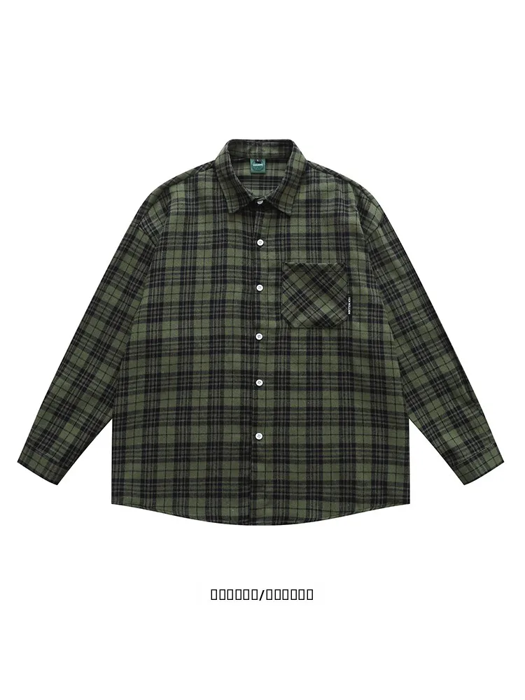 

Свободная длинная рубашка-куртка в клетку в японском ретро-стиле для мужчин, осенняя мода, с плоским воротником, на пуговицах