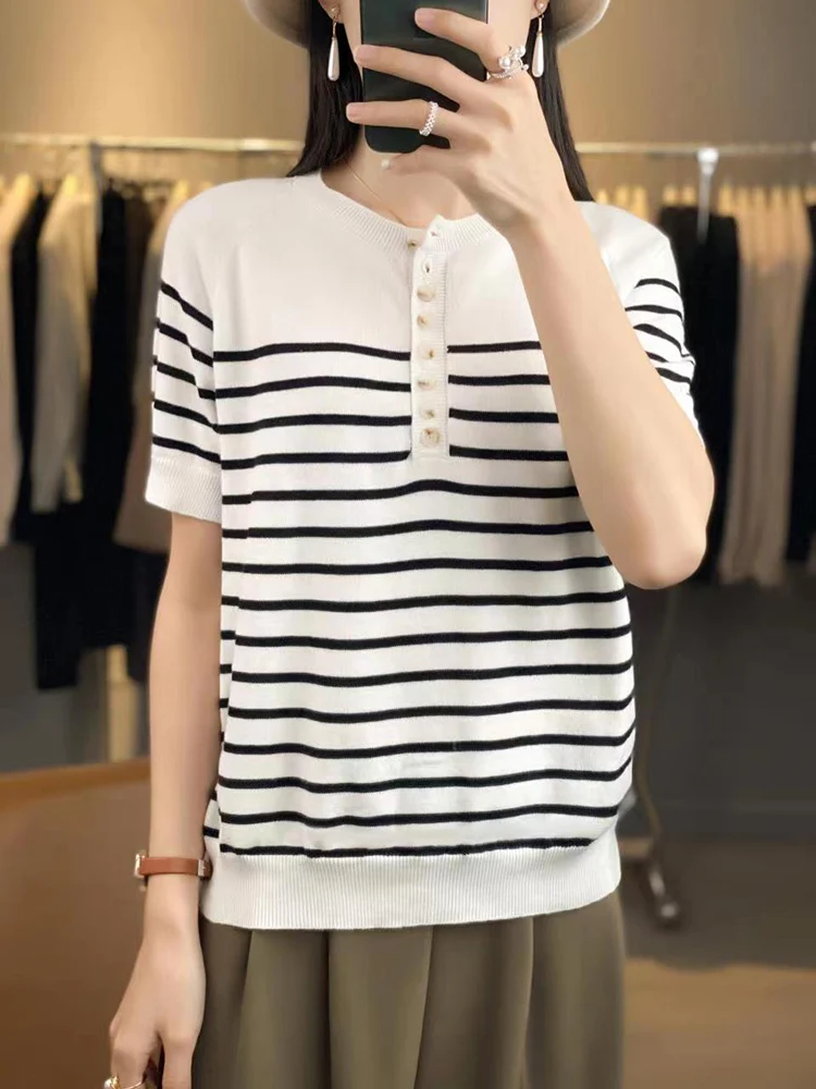 

Летняя женская футболка с коротким рукавом, хлопковая, на пуговицах, повседневная, с круглым вырезом, хлопковый топ