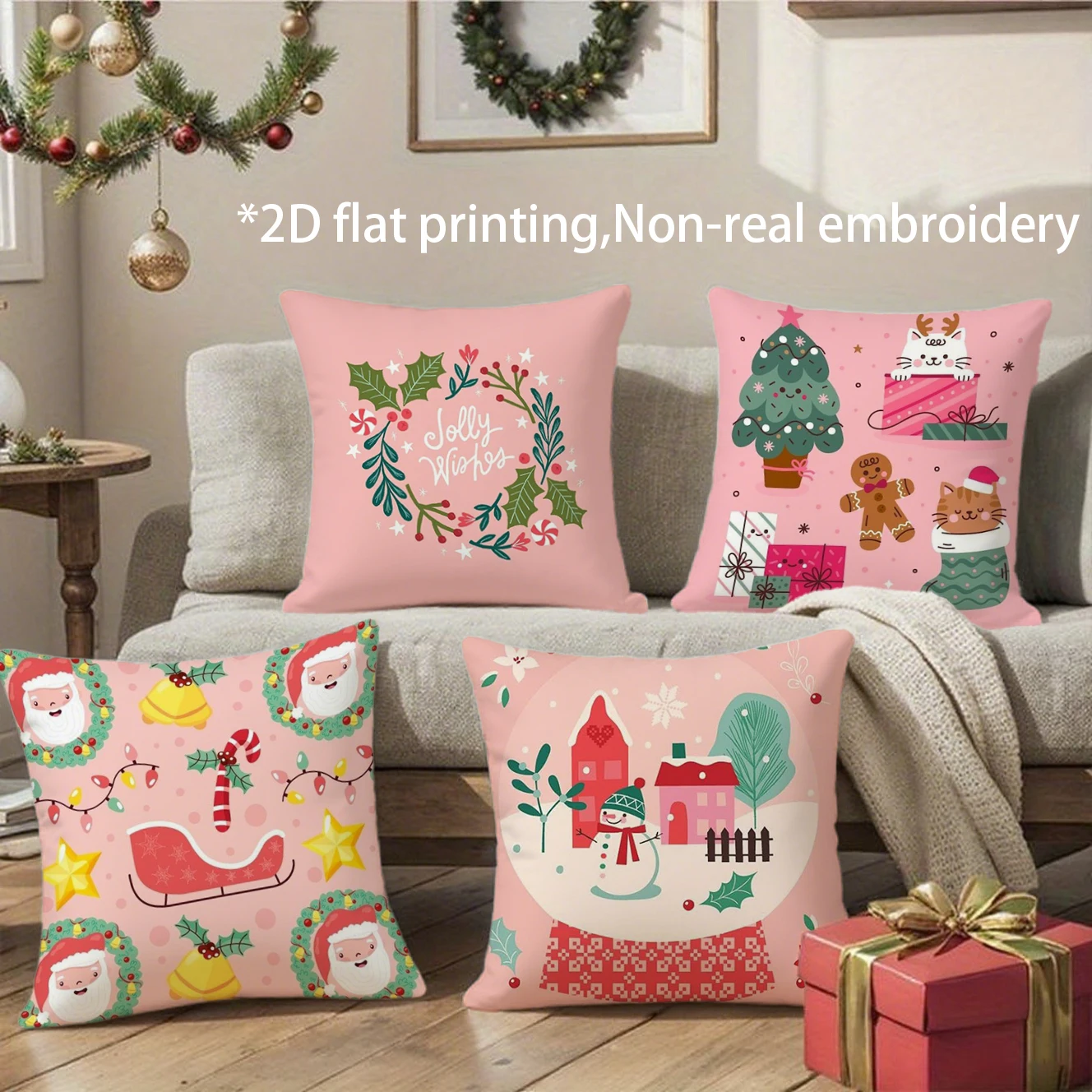#Christmas Pink Pillow Covers Pattern Cushion Cover Suitable for Sofa Bedroom Car Pillow Cover