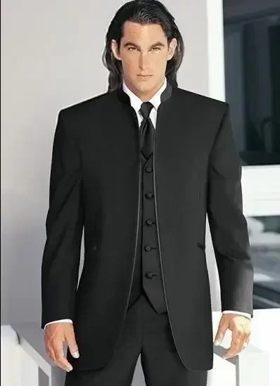 Trajes de boda para hombre con cuello levantado negro, esmoquin Formal para novio, traje de padrino (chaqueta + pantalones + chaleco), 3 uds.