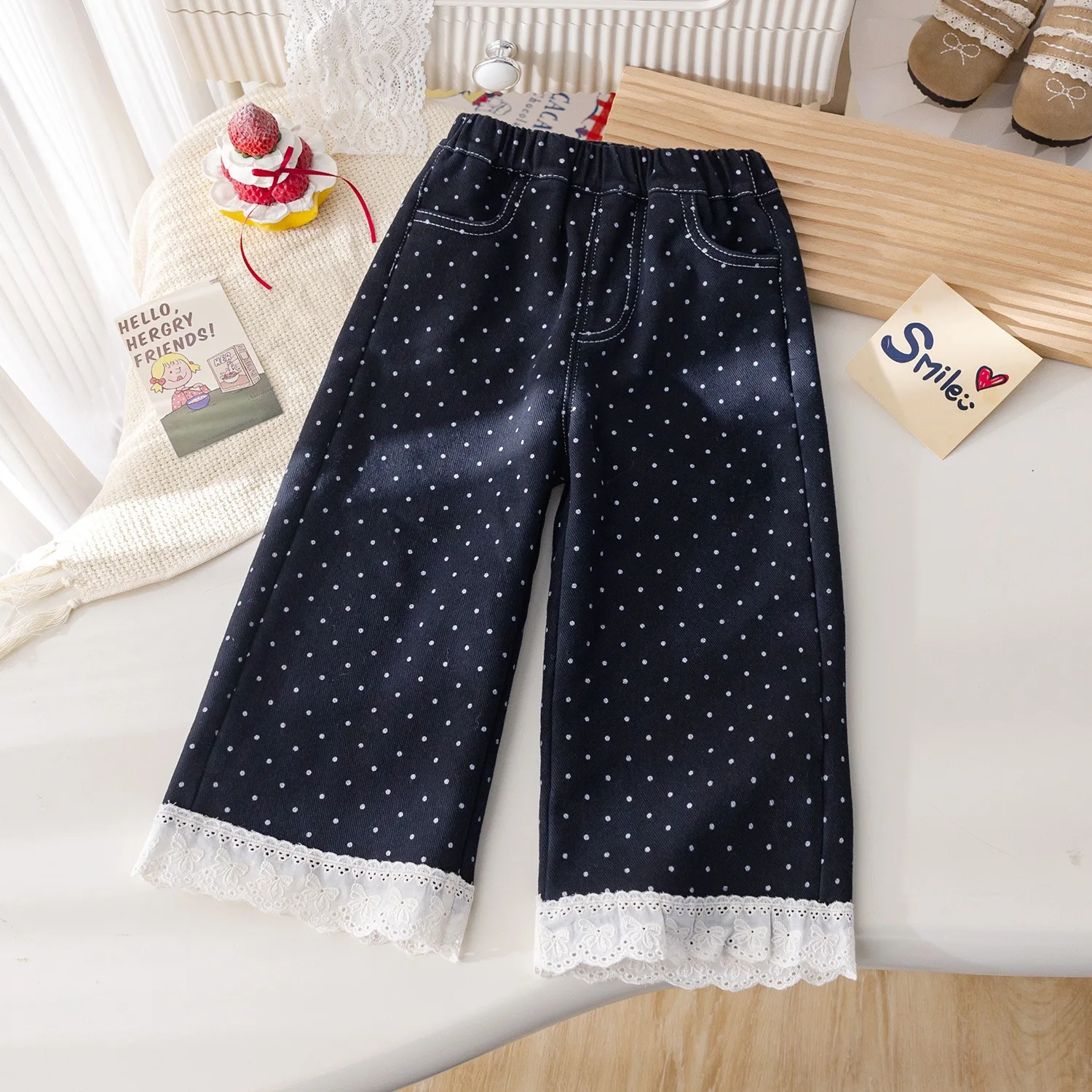 

Infant Baby Girls Jeans Winter Polka Dot Thicken Warm Toddler Girls Straight Leg Pant Elastic Waist Lace Kids Girl Wide Leg Pant
