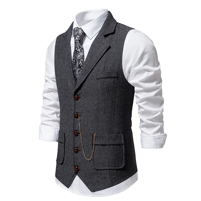 Men\'s Retro Lapel Chain Vest Fashion Herringbone Coarse Tweed Pockets Suit Vest British Casual Vintage Gentleman Leisure Party