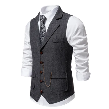 Men's Retro Lapel Chain Vest Fashion Herringbone Coarse Tweed Pockets Suit Vest British Casual Vintage Gentleman Leisure Party 2
