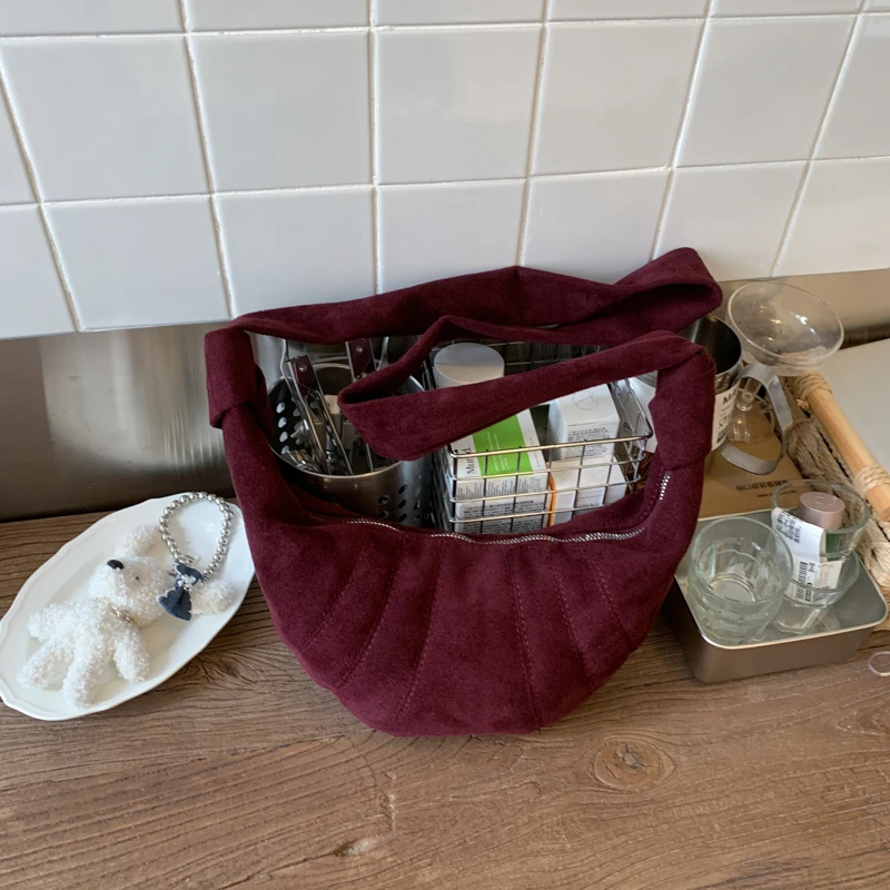 

Classic Faux Suede Tote Bags Solid Color High Quality Large Capacity Women's Shoulder Bags 2025 New Zipper Sewing Thread