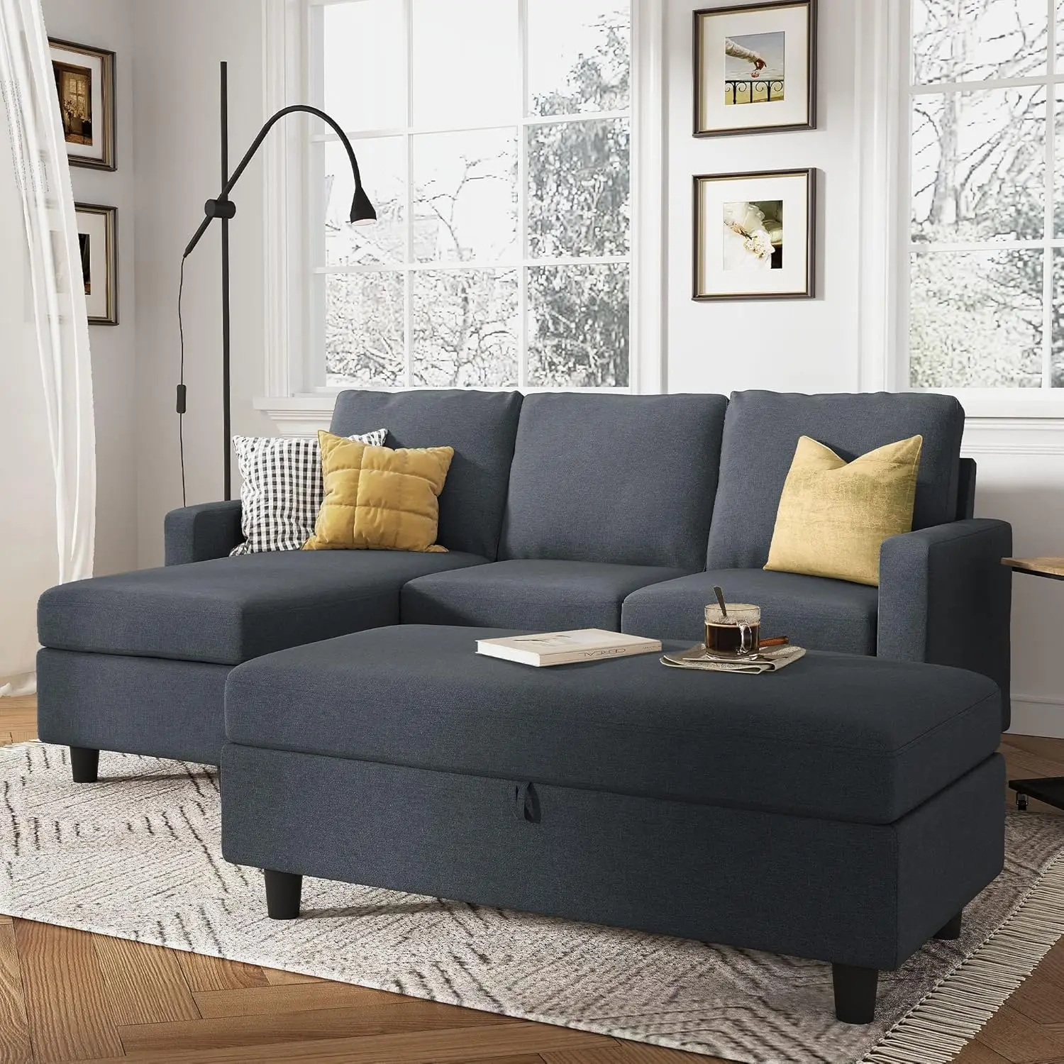 Reversible Sectional Couch with Chaise Modern Linen Fabric L Shape Sofa for Apartment Sectional Set with Ottoman in Bluish Grey