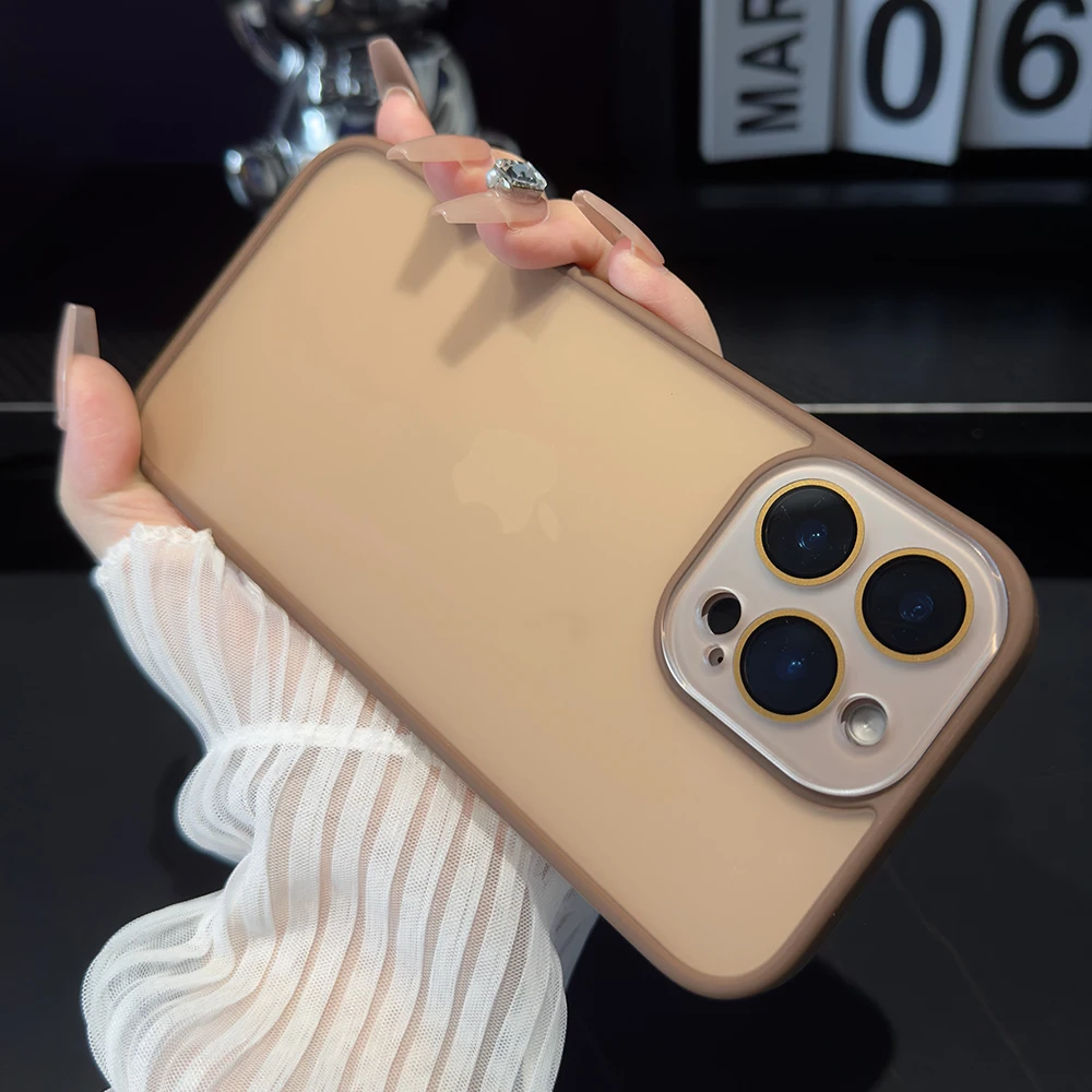 Desert Titanium Gold Crystal lens matte phone case for iPhone 16 15 14 13 12 11 Pro Max Plus full shockproof hard back cover