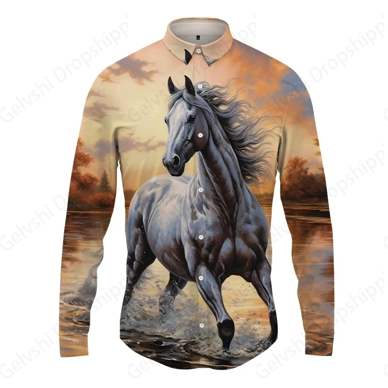 Long Sleeve Hawaiian Shirts Horse 3d Print Beach Shirt Men Fashion Lapel Blouses Button Up Single Breasted Blouse Men\'s Clothing