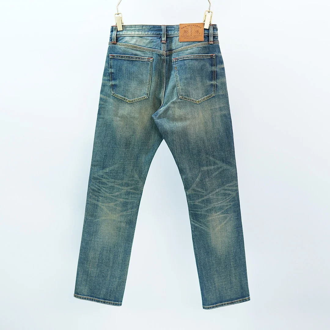 12oz 100% Cotton Washed Jade Ice Silk Selvedge Denim Jeans for Men American Vintage Spring Summer Slightly Taper Straight Pants