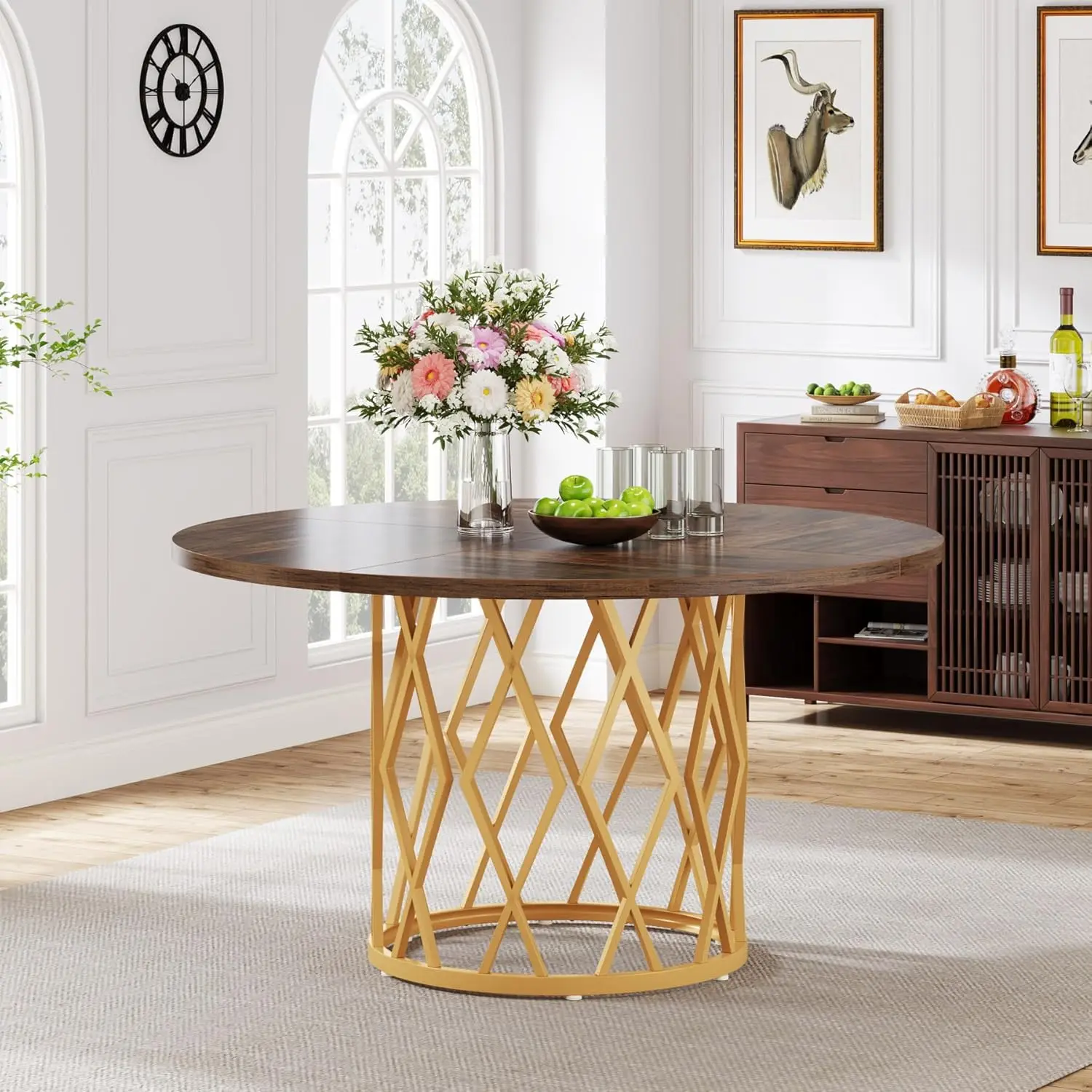 47-Inch Round Dining Table for 4-6 People, Farmhouse Circle Round Kitchen Dinner Table with Metal Base for Kitchen, Dining Room