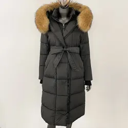 Down Jacket Women Winter Real Natural Fox Fur Hooded Detachable Collar Belt White Goose Down Coat Long Casual Elegant Overwears
