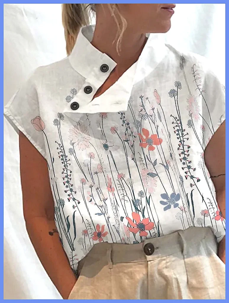 

Women's Summer Blouse Floral Print Button Detail Stand Collar Short Sleeve Casual Top