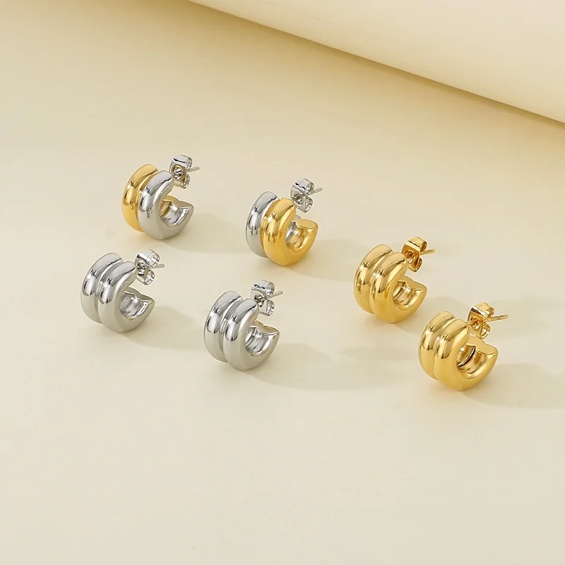 Fashion Double Layers C Shape Stud Earrings For Women Girl Gold Silver Color Stainless Steel Charm Earrings Luxury Jewelry Gifts