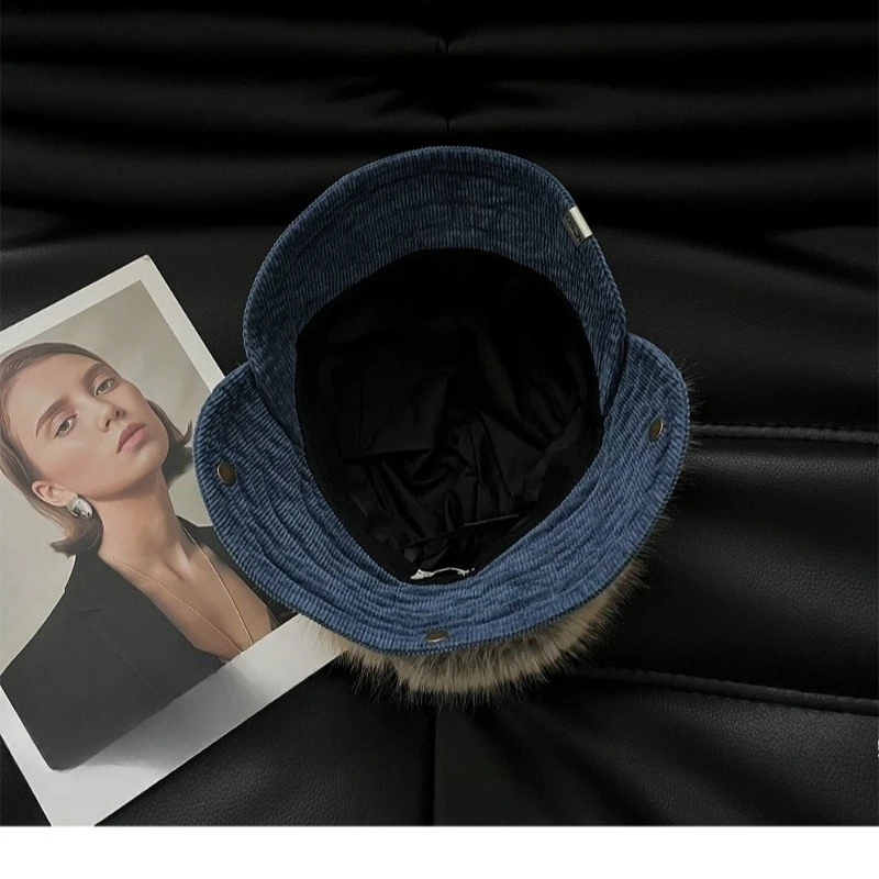 Japanischer Retro-Cordhut im Used-Look für Damen und Herren, Herbst- und Wintermodell mit Ohrenschutz, weicher Plüschkrempe und Schirmkappe – Detail 6