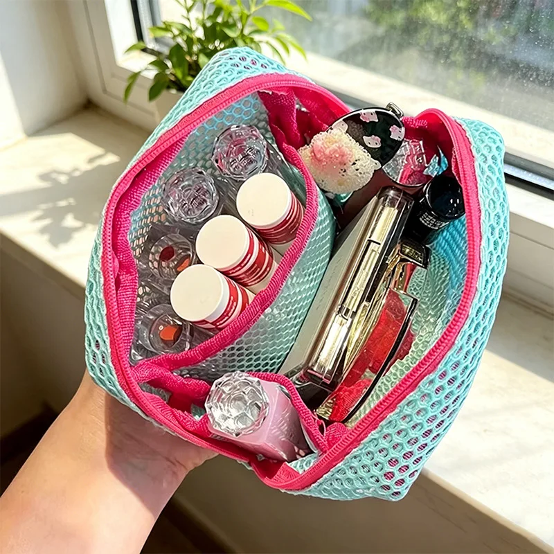 Candy Color Square Mesh Cosmetic Bag with Zipper Portable Travel Storage Pouch with Rope Multi Purpose Sundries Organizer Bag