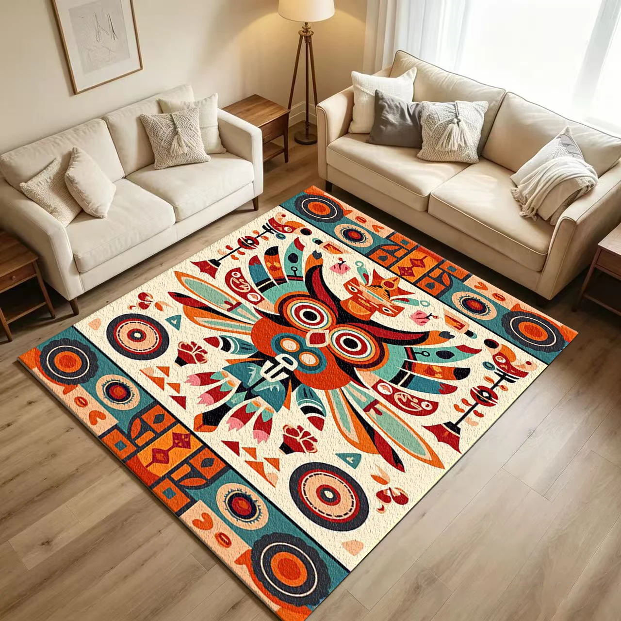 Bohemian Tribal Totem Art Carpet Flooring Ethnic Geometric Abstract Mask Pattern Printed Floor Rug for Household Indoor Home Decoration