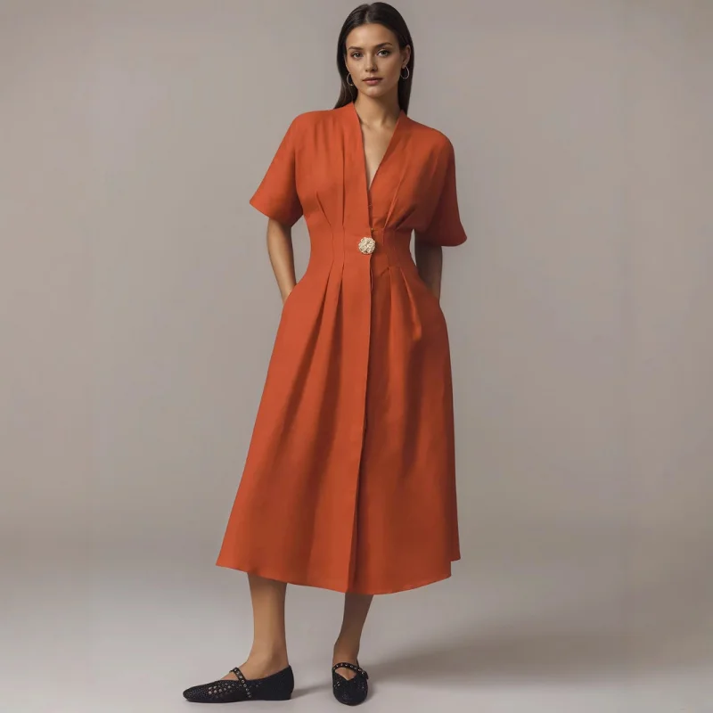 

New arrival womens fashion long French front button loose short sleeve split shirt dress