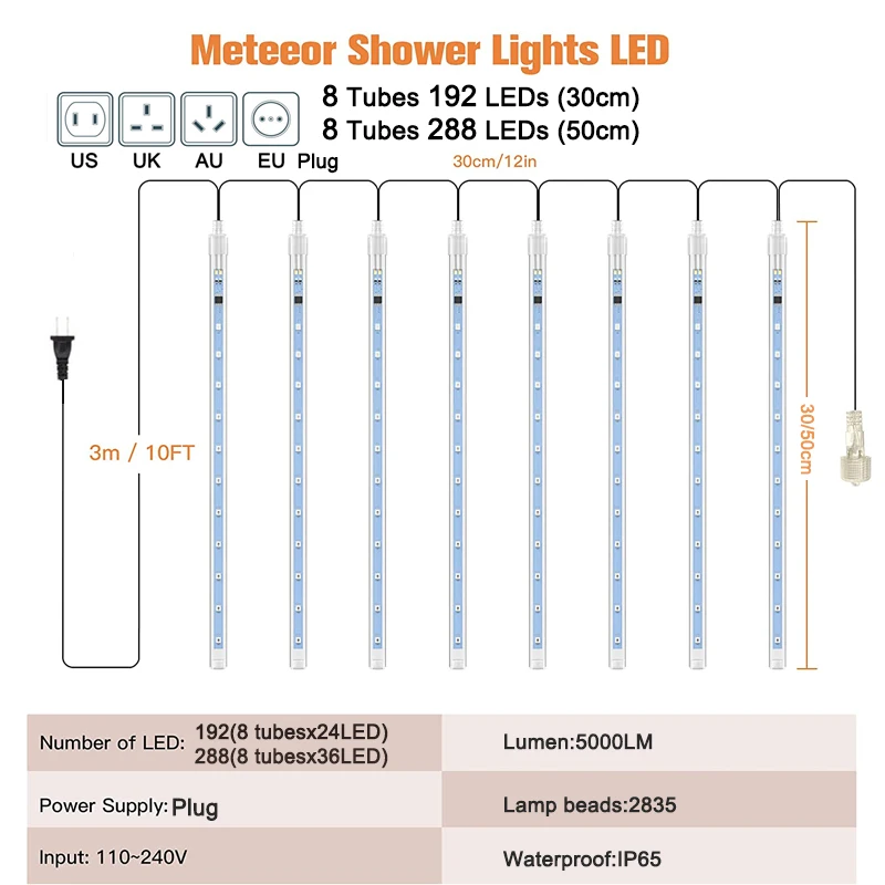 Imagem -03 - Meteor Shower Led Light Strings Iluminação do Feriado Lâmpadas Decorativas Interiores e Exteriores 10 Cordas Luzes de Natal