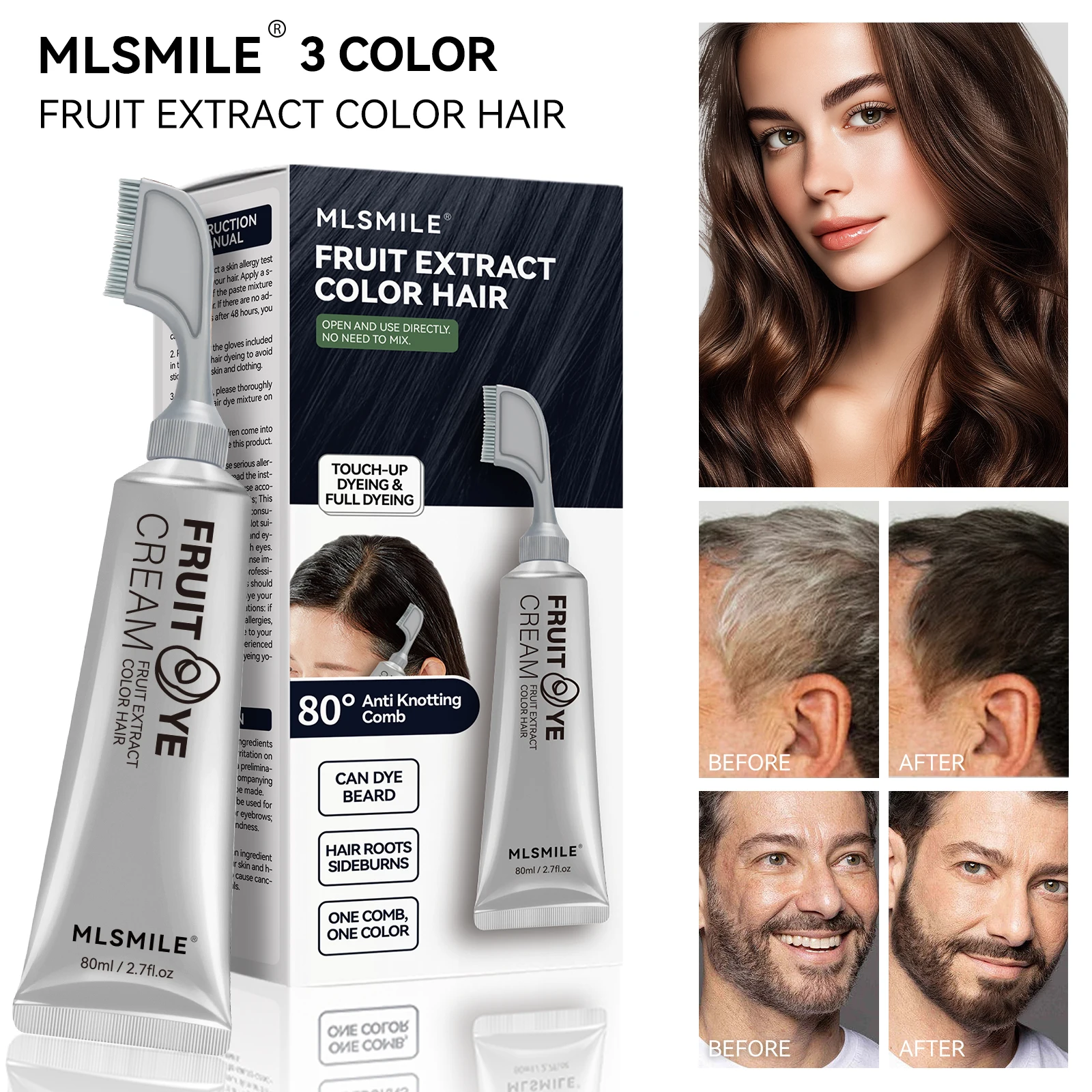 MLSMILE 80ml 3-Color Hair Dye No Odor No Harm to the Scalp Permanent Water-Resistant Colorfast With Brush Head 2025 New