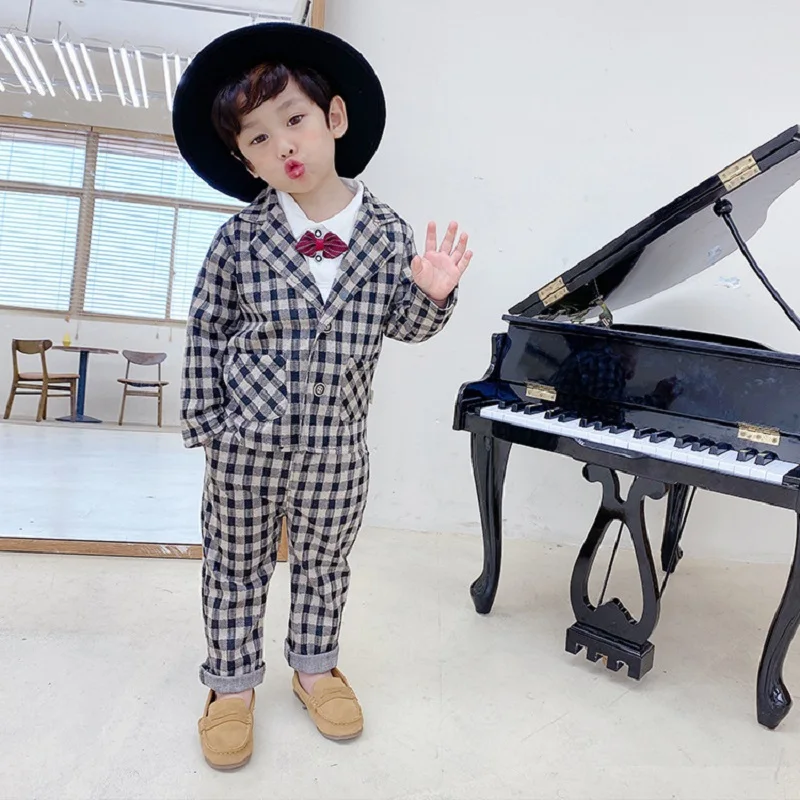 Fashion Baby Boy Formal Plaid Clothes Set Jacket+Tshirt+Pant+Bow Tie 4PCS Child Spring Autumn Clothing Suit Baby Clothes 1-5Y