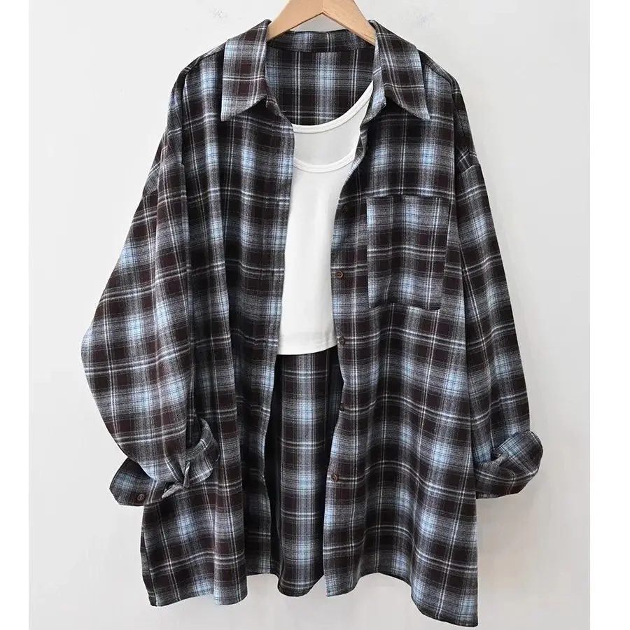 

Свободная клетчатая рубашка средней длины в стиле BF, однобортный пиджак в стиле ретро, ленивый стиль с лацканами, женская осенняя куртка в американском стиле