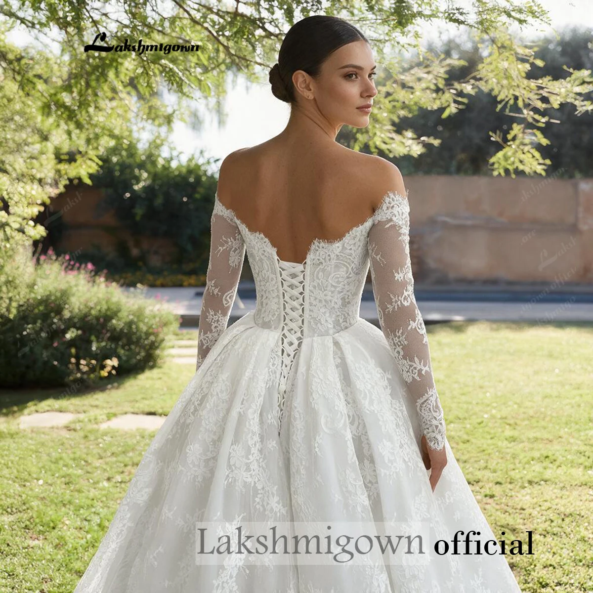 Lakshmigown Langarm-Spitzen-Brautkleid mit Herzausschnitt, Korsett, Ballkleid, Schnürung am Rücken, Vestido De Novia für den Garten – Detail 7
