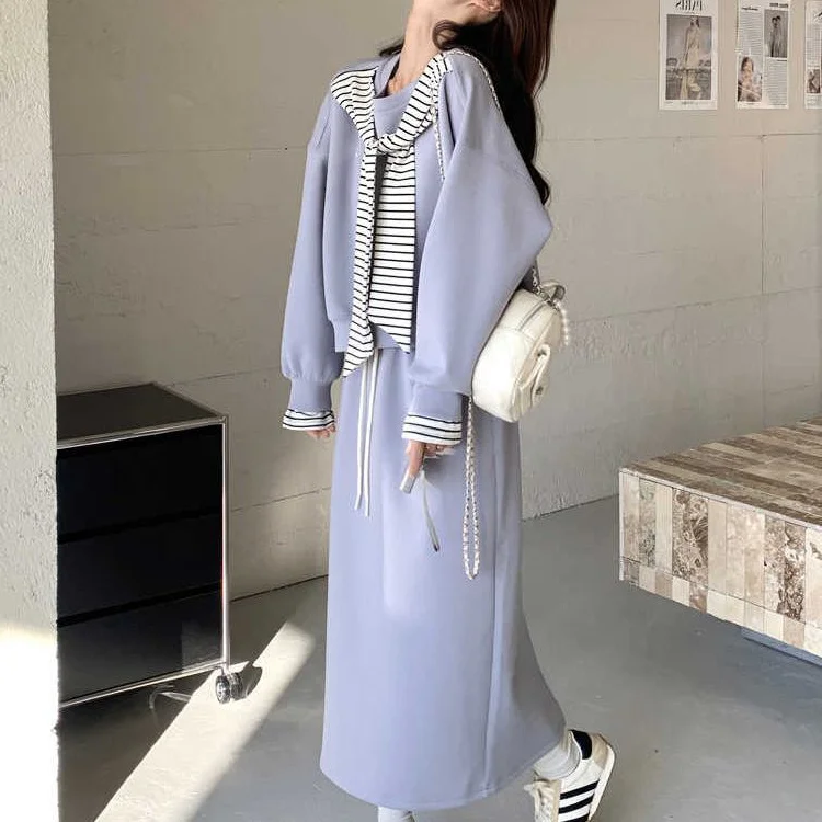 

Новый весенний комплект для женщин больших размеров: модный свитшот с длинными рукавами в полоску в студенческом стиле и брюки