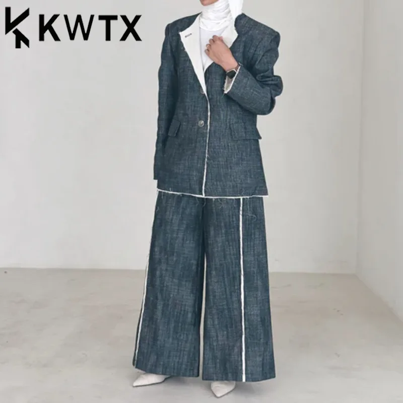

KWTX 2025 Spring Summer Women's Linen Suit Set Stripe Design Blazer & Wide Leg Pants Casual Comfortable Two Piece Outfit