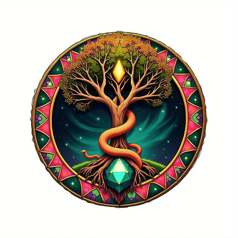 Cosmic Tree Of Life Coiled Snake Totem Spare Tire Cover  Premium Polyester Fiber Car Wheel Hub Cap With Vibrant Mandala Border