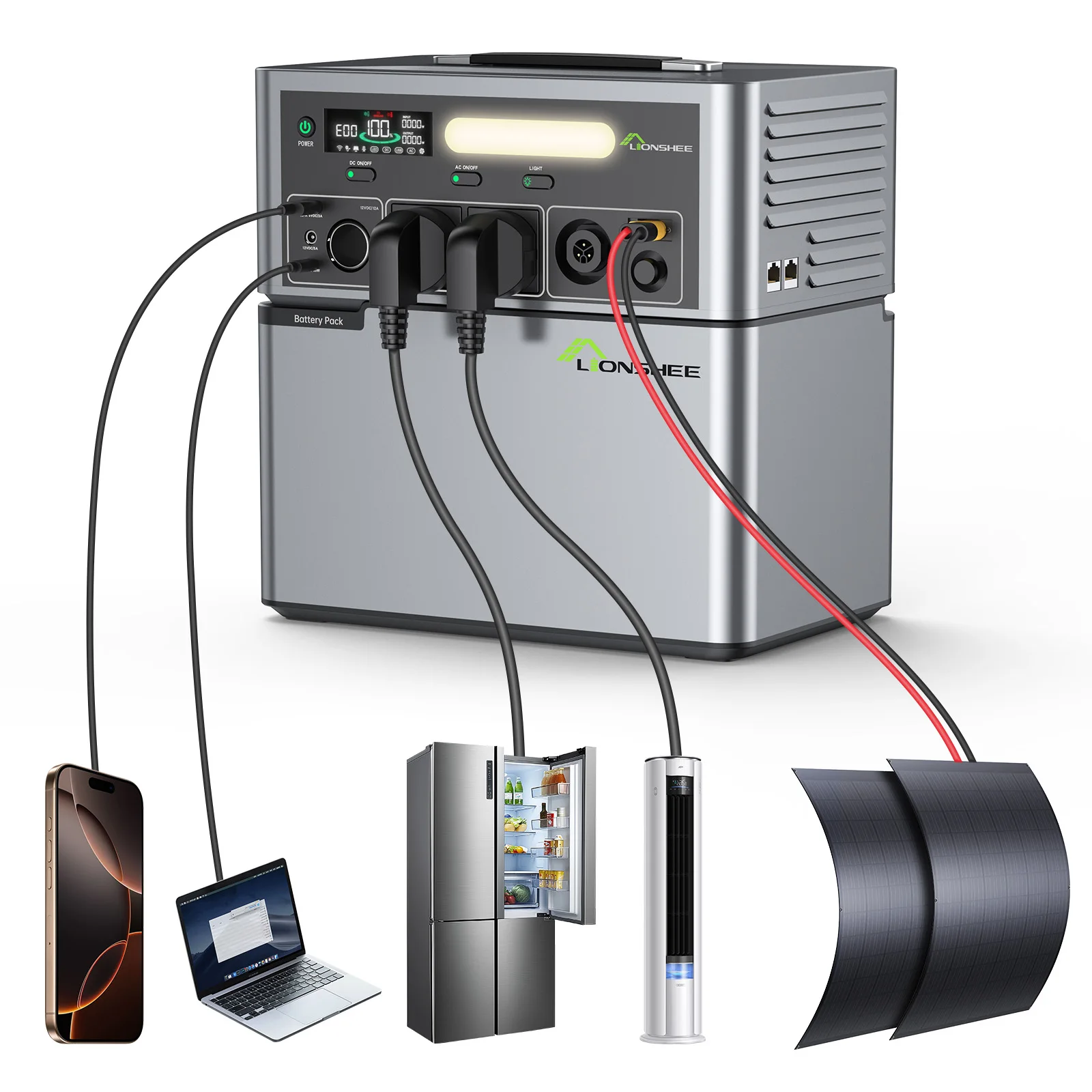 LIONSHEE 2500W Tragbarer Wechselrichter (57V) | X-Boost MPPT-Laderegler — Eine netzunabhängige DC/AC-Stromversorgung mit integriertem 1024 Wh Solarenergiespeicher; geeignet für Autos, Fahrzeuge,