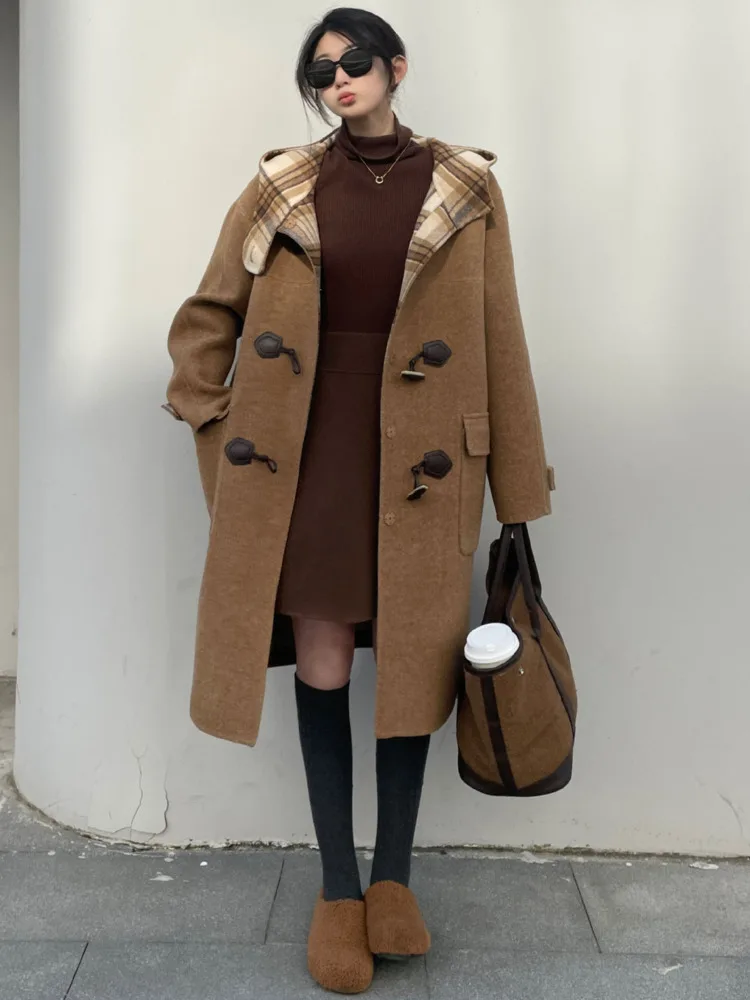 ZMEENNA Stylish Women's Wool Blend Hooded Toggle Duffle Coat Loose Fit Warm Winter Outerwear For Casual Everyday ZM3521