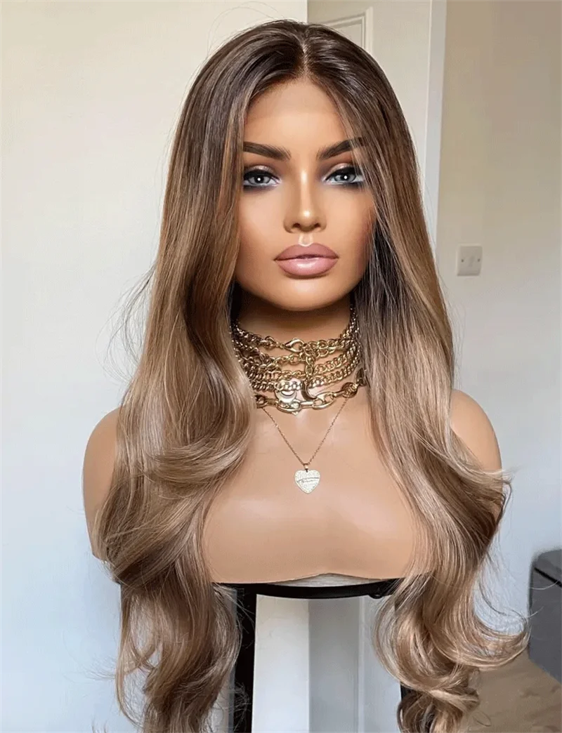 جذور داكنة العسل شقراء شعر مستعار طويل موجة طبيعية الاصطناعية الدانتيل الجبهة الباروكات واقعية نظرة الدانتيل أعلى الباروكات مقاومة للحرارة الاستخدام اليومي #2