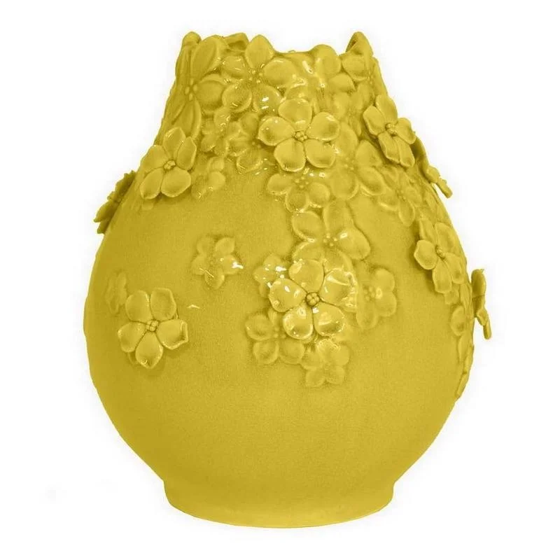 

Remi Yellow Ceramic Flower Vase with Floral Design, 11 Inch Decorative Table Vase