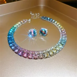 FYUAN Luxury Crystal Necklace Earrings Set Pink Purple Colourful Necklace for Women Weddings Party Jewelry Sets Accessories
