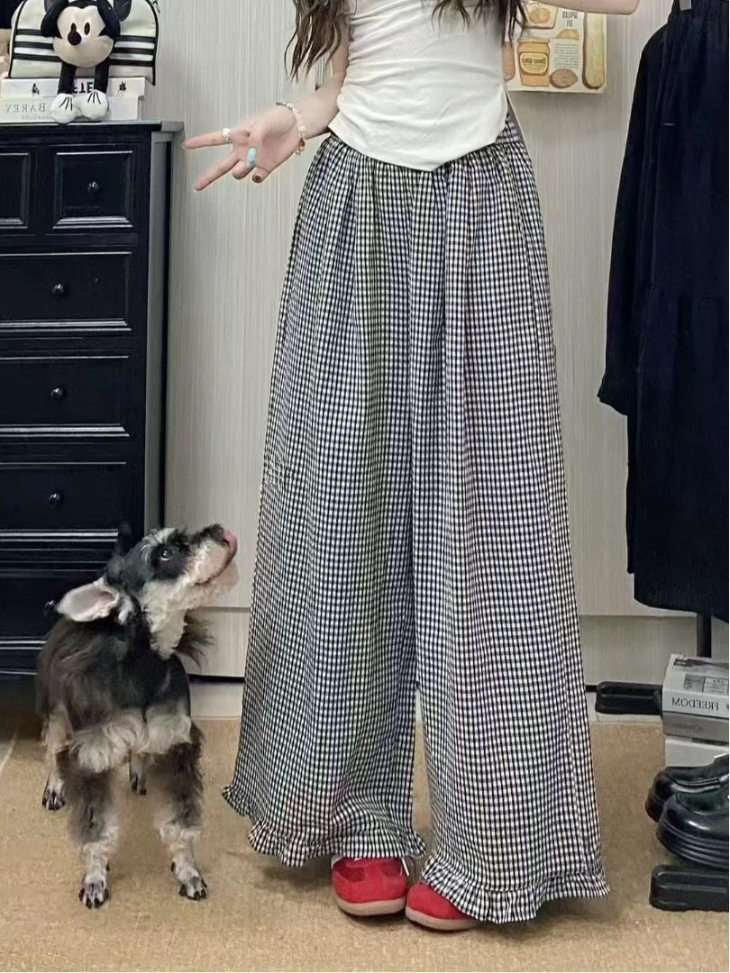 Pantalones de pierna ancha adelgazantes Algodón Lino Encaje a cuadros Madera ain Ear Primavera Verano Casual Pantalones largos de cintura alta Faionable Mujer...