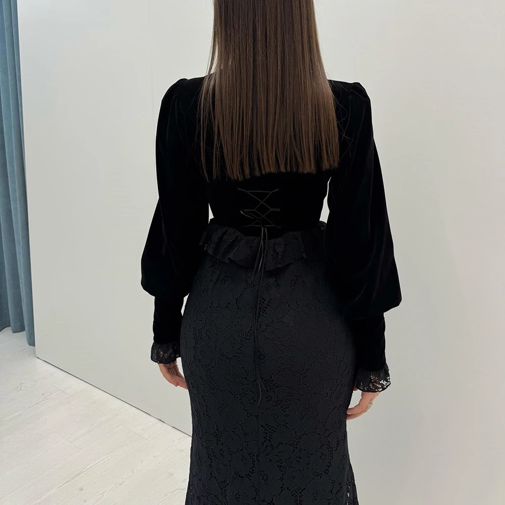 تخصيص ألف خط فساتين السهرة الكاحل طول عالية الرقبة كم كامل فستان حفلات أزياء من الدانتل Ruched بسيط ثنيات حزب ثوب