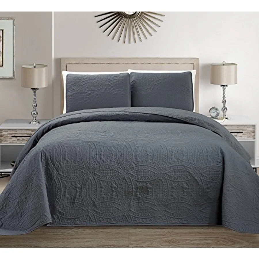 

Collection 3 Pieces Over Size Embossed Coverlet Bedspread Set Solid/ Dark Grey106" x 100" New