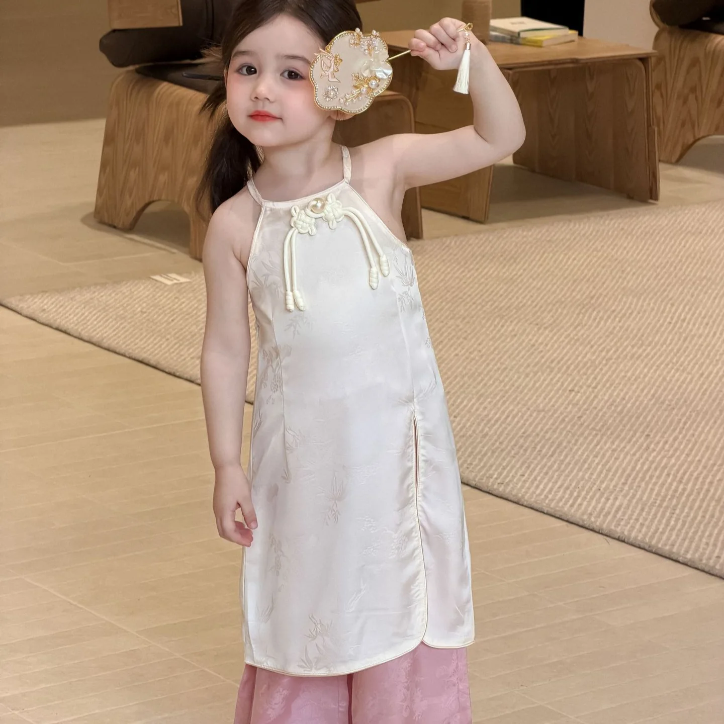 2026 Summer New Kids Clothing New Chinese Kids Clothing Girls Vintage Jacquard Camisole Cheongsam Dress Button Looped Cheongsam