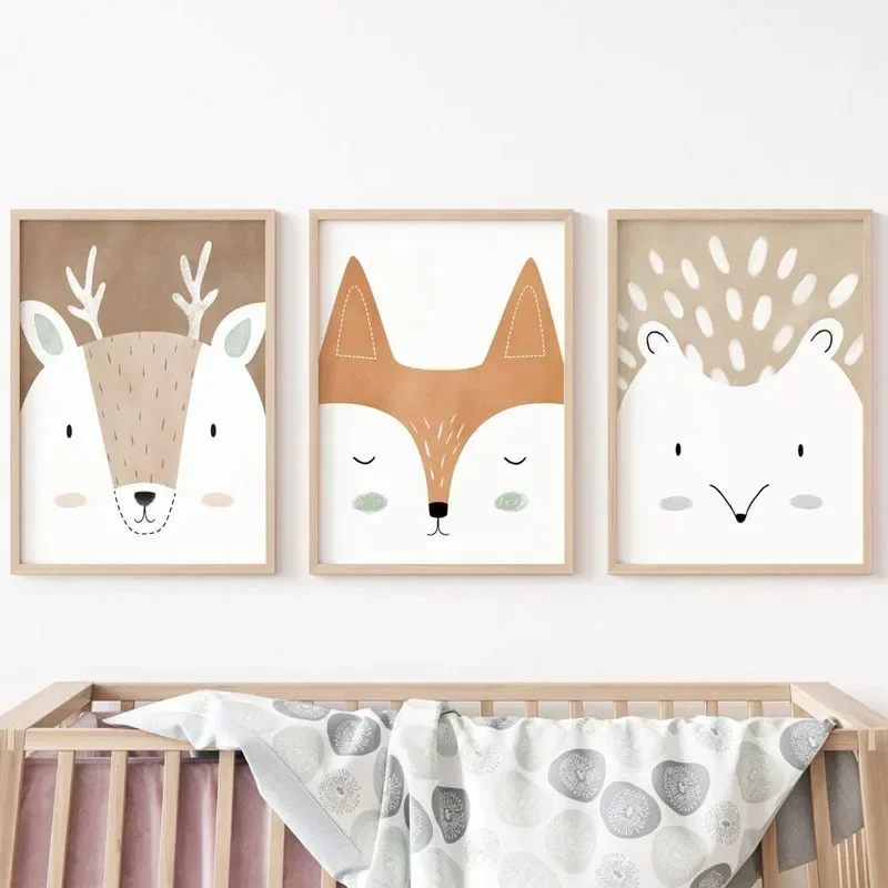 Wall Art Print Canvas Painting Deer Fox Rabbit Bear Hedgehog Woodland Nursery Nordic Poster Wall Pictures Baby Kids Room Decor
