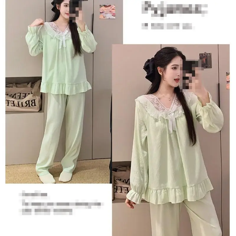 Women's Lace V-Neck Pullover Long Sleeved Long Pant Home Suit Set for Girls In Spring Autumn New Pajamas for Women Two-Piece Set