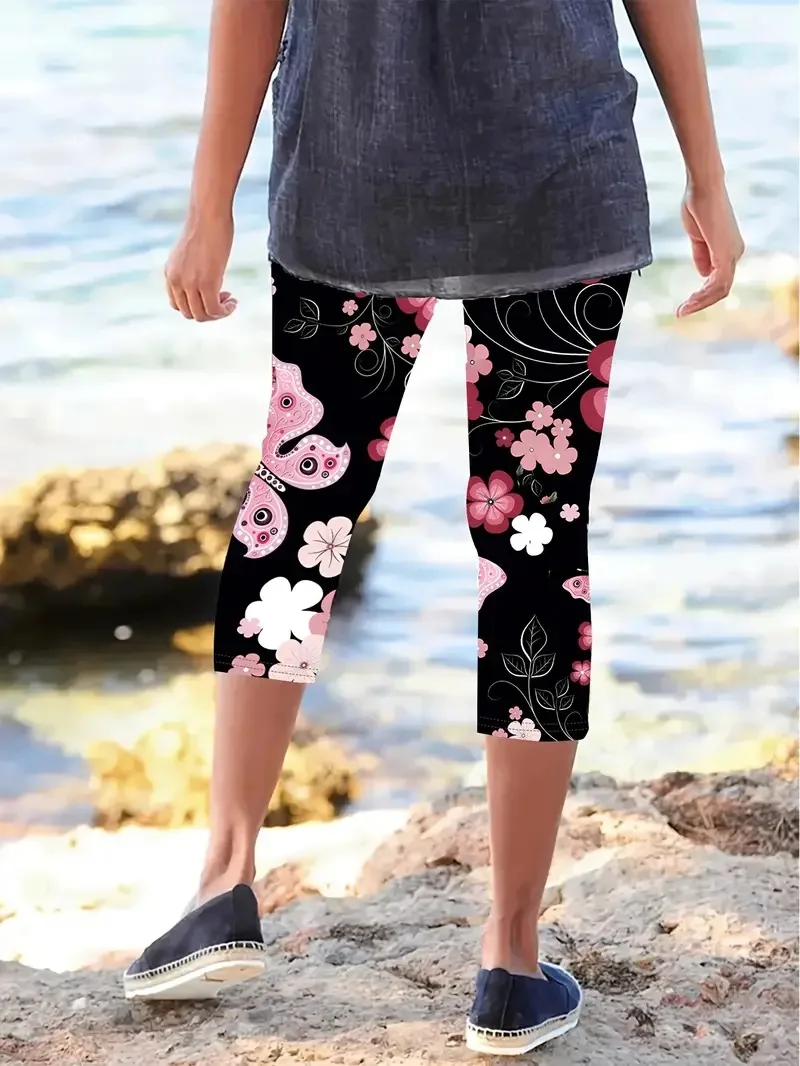 Beach holiday flower print slim-fit elastic elastic waist tight casual capri leggings for women