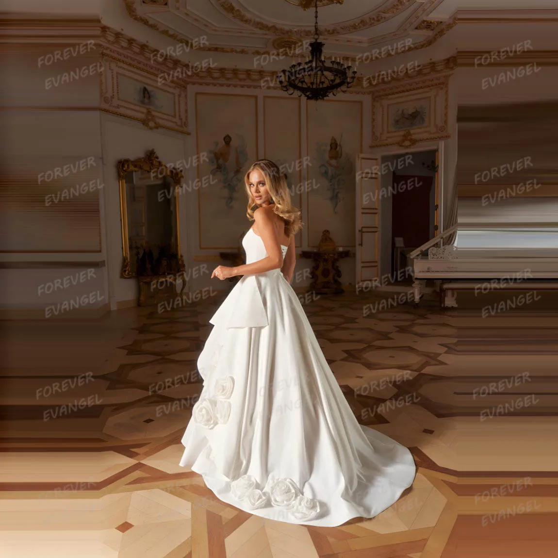 Einfache sexy Brautkleider A-Linie Frau 3-D-Blumen Satin trägerlos abgestufte ärmellose Brautkleider Vestido De Novia Maßgeschneidert