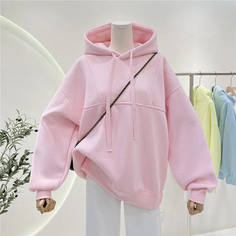 Hoodies Women Hooded Plus Velvet Thicken Loose Letter Embroidery Leisure Outwear Students Simple Y2k Vintage Harajuku Korean Ins