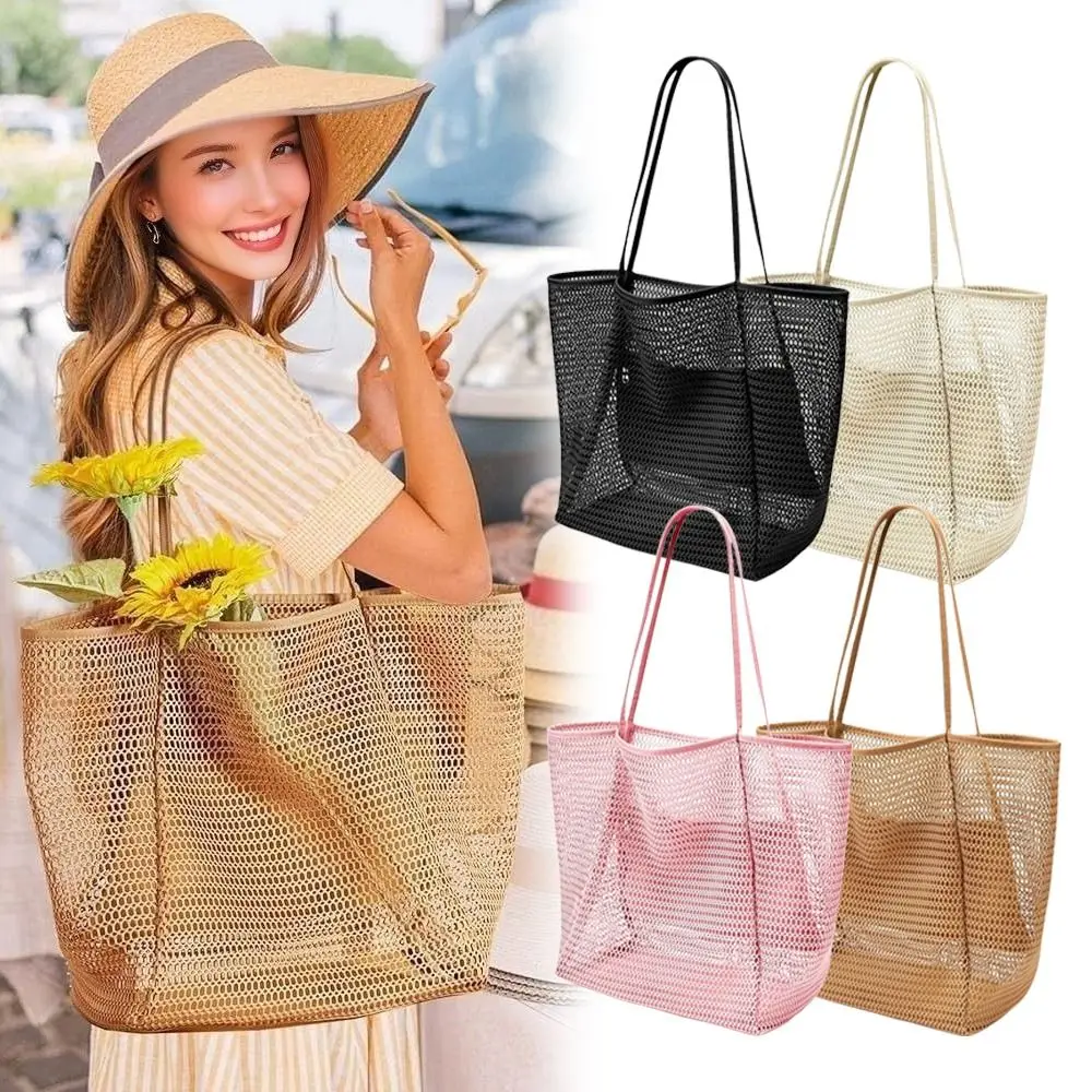Portable Nylon Mesh Tote Bag Large Capacity Black Khaki Pink Shoulder Bags Lightweight Beach Handbags for Outdoor Travel