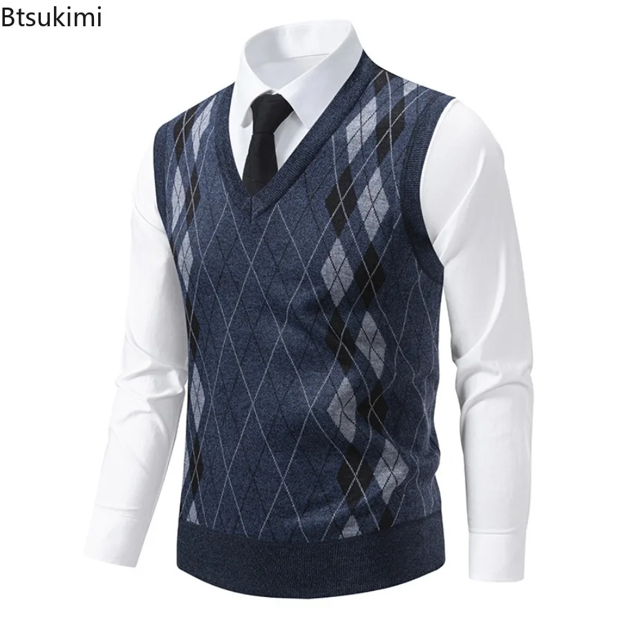 New Fashion Men's Knitted Pullover Vest Business Casual V Neck Sweater Vest Autumn Winter Knit Warm Slim Waistcoats Men Clothing