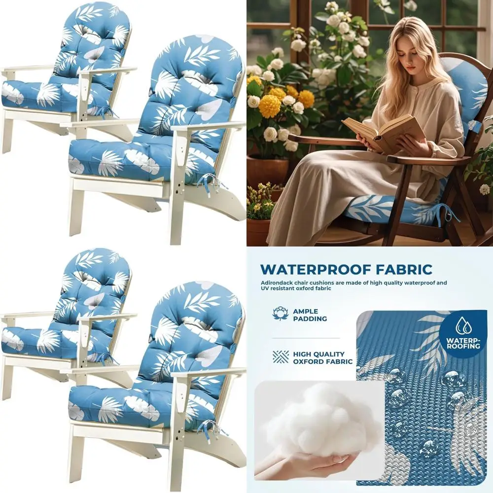 

Blue Leaf Pattern Waterproof Outdoor Adirondack Rocking Chair Cushions, 44 High Back, with Ties