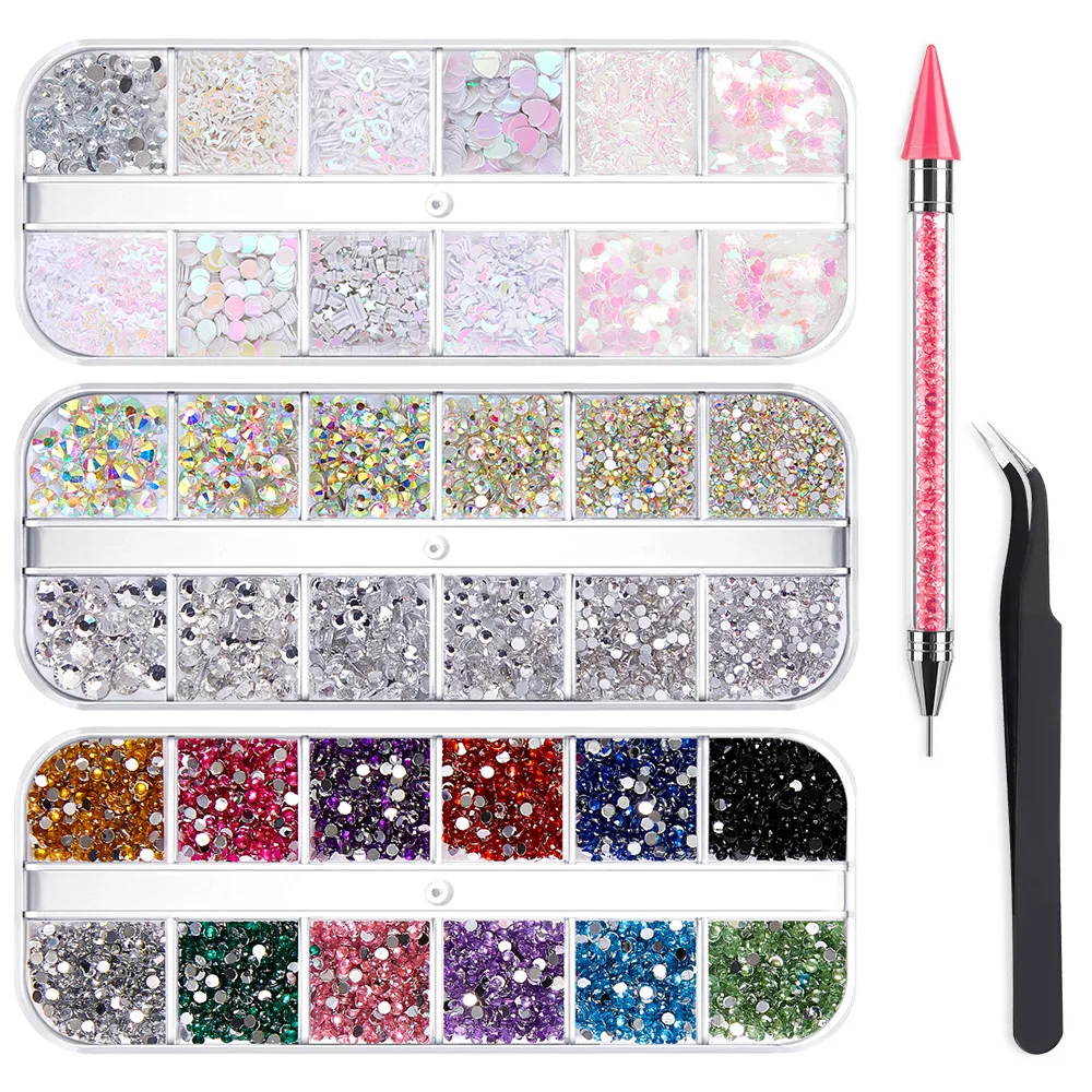 12 grid nail art jewelry flat bottom rhinestone transparent super flash crystal glass drill nail round AB diamond DIY accessori