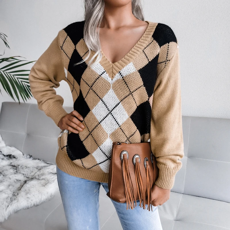 2024 Winter College Style V Neck Plaid Rhombus Women Sweater Loose Long Sleeved Knitted Pullovers Fashion Casual Woman Jumpers