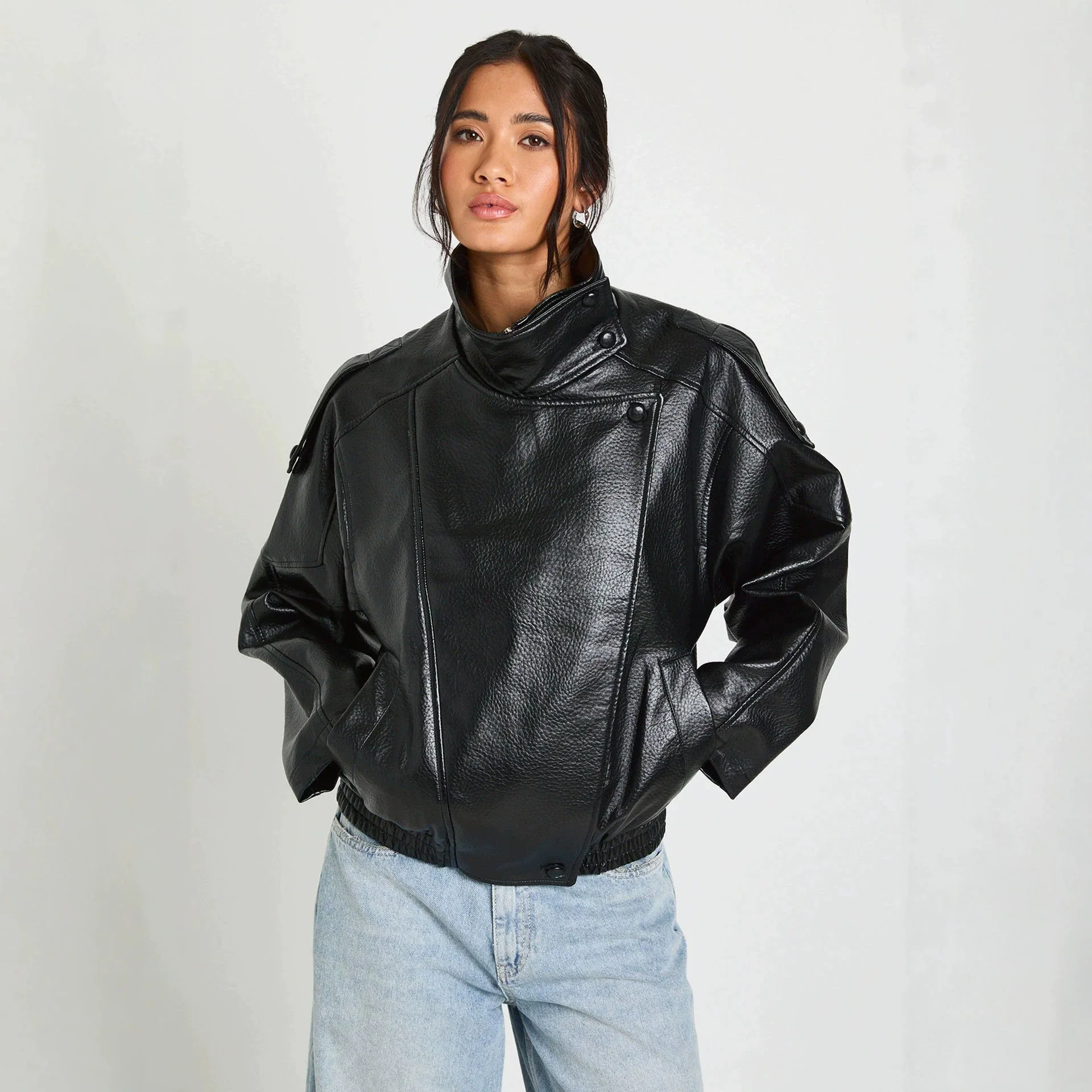 Faux Leather Black Jackets For Woman New Arrival Cropped Oversize Bomber Jacket Zip-Up Long Sleeve Coats Motorcycle Jackets